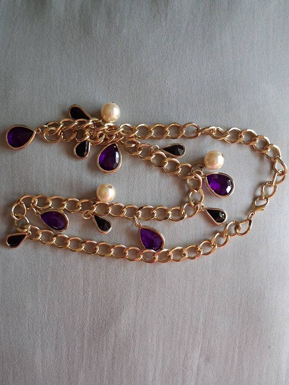 Gold Plated Chain Necklace with Purple Crystals Teardrop and Pearl Charms